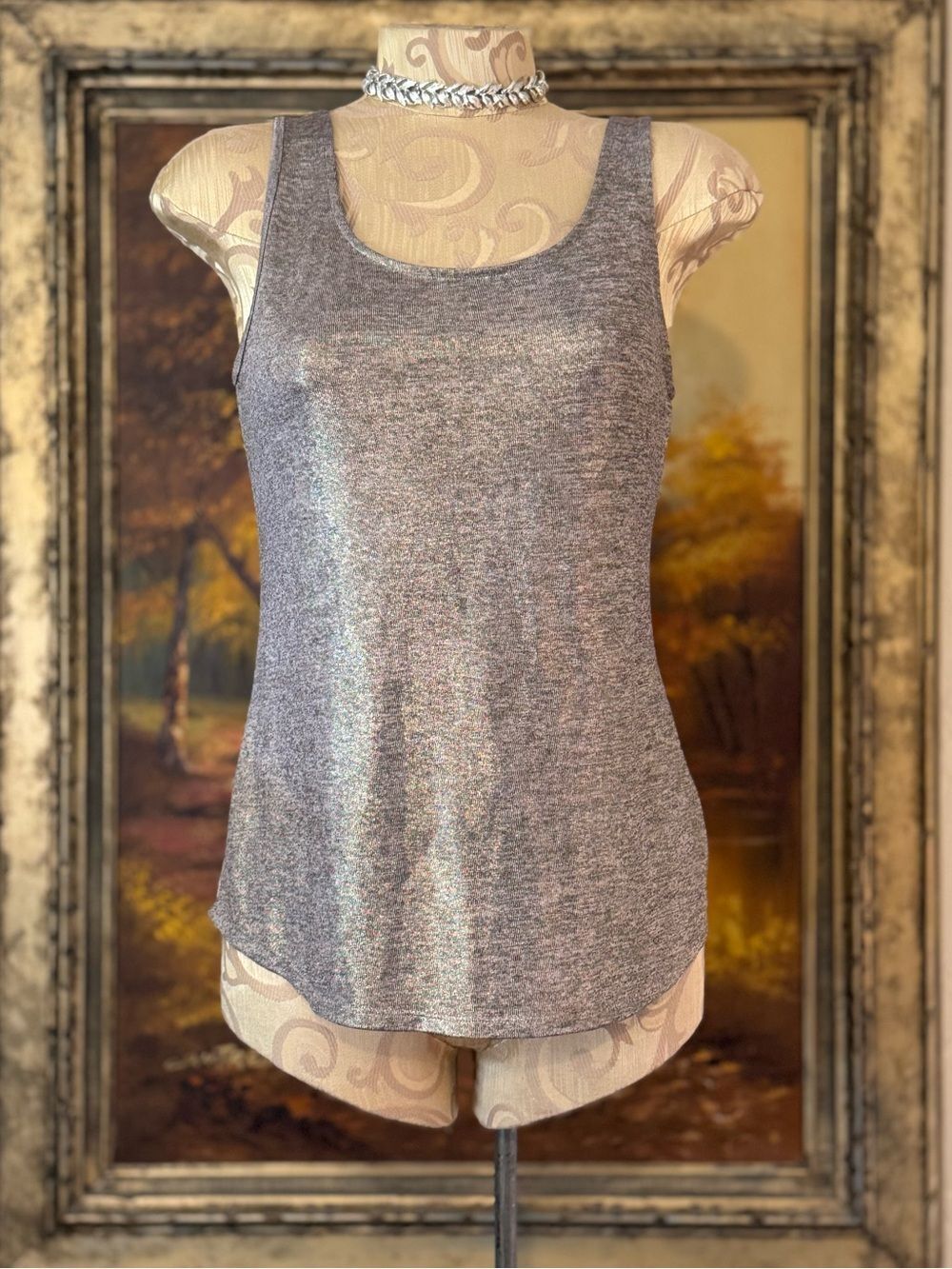 Y2K Charlotte Russe Longline Metallic Marled Gray Strappy Back Tank Top - Size M